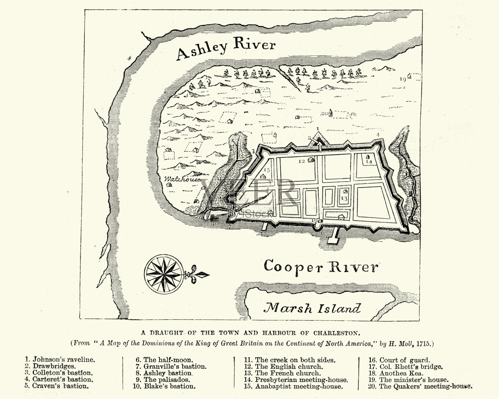 南卡罗来纳州查尔斯顿的地图，18世纪插画图片素材