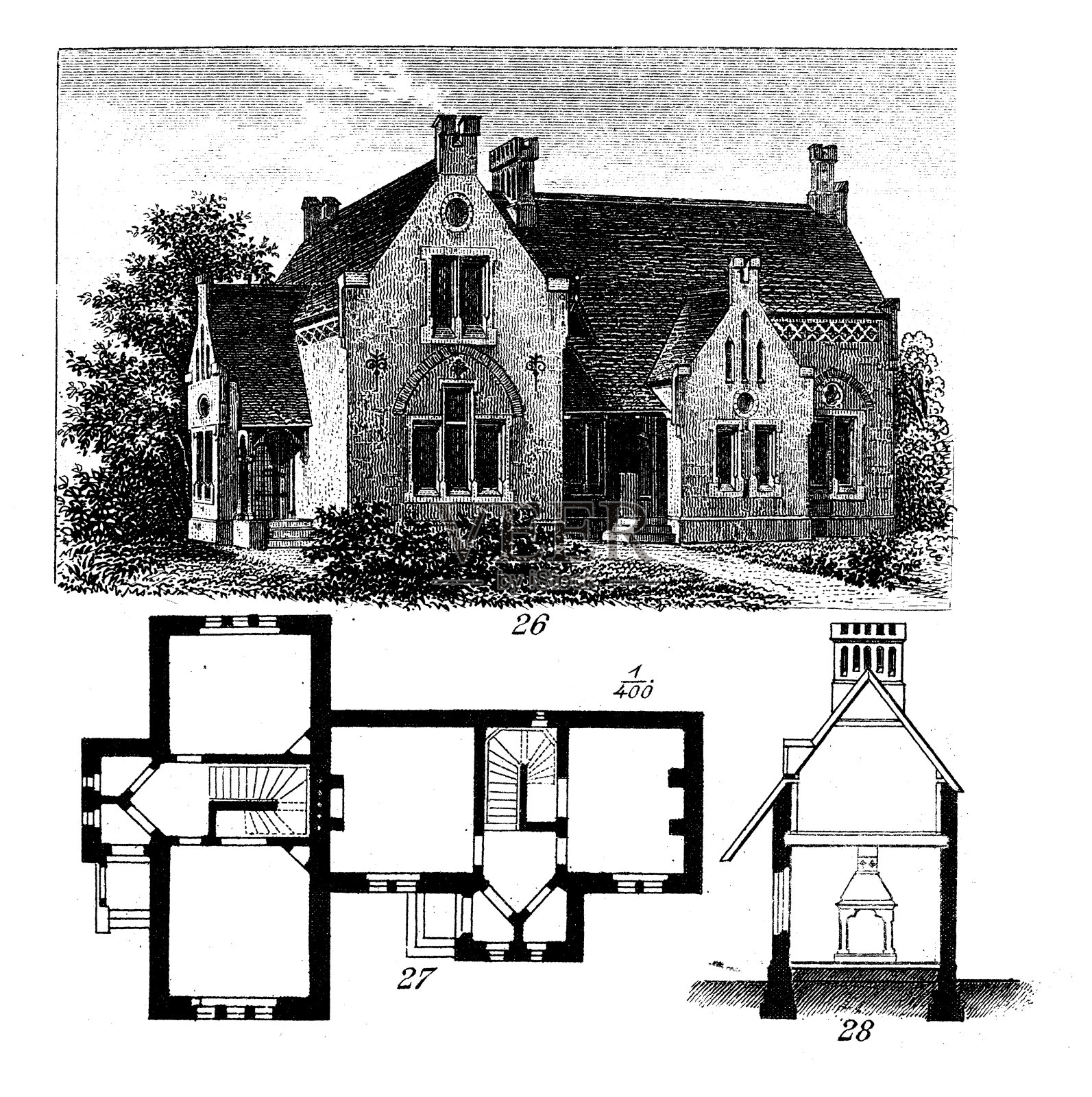 古董插画:建筑与建筑:英国家居插画图片素材