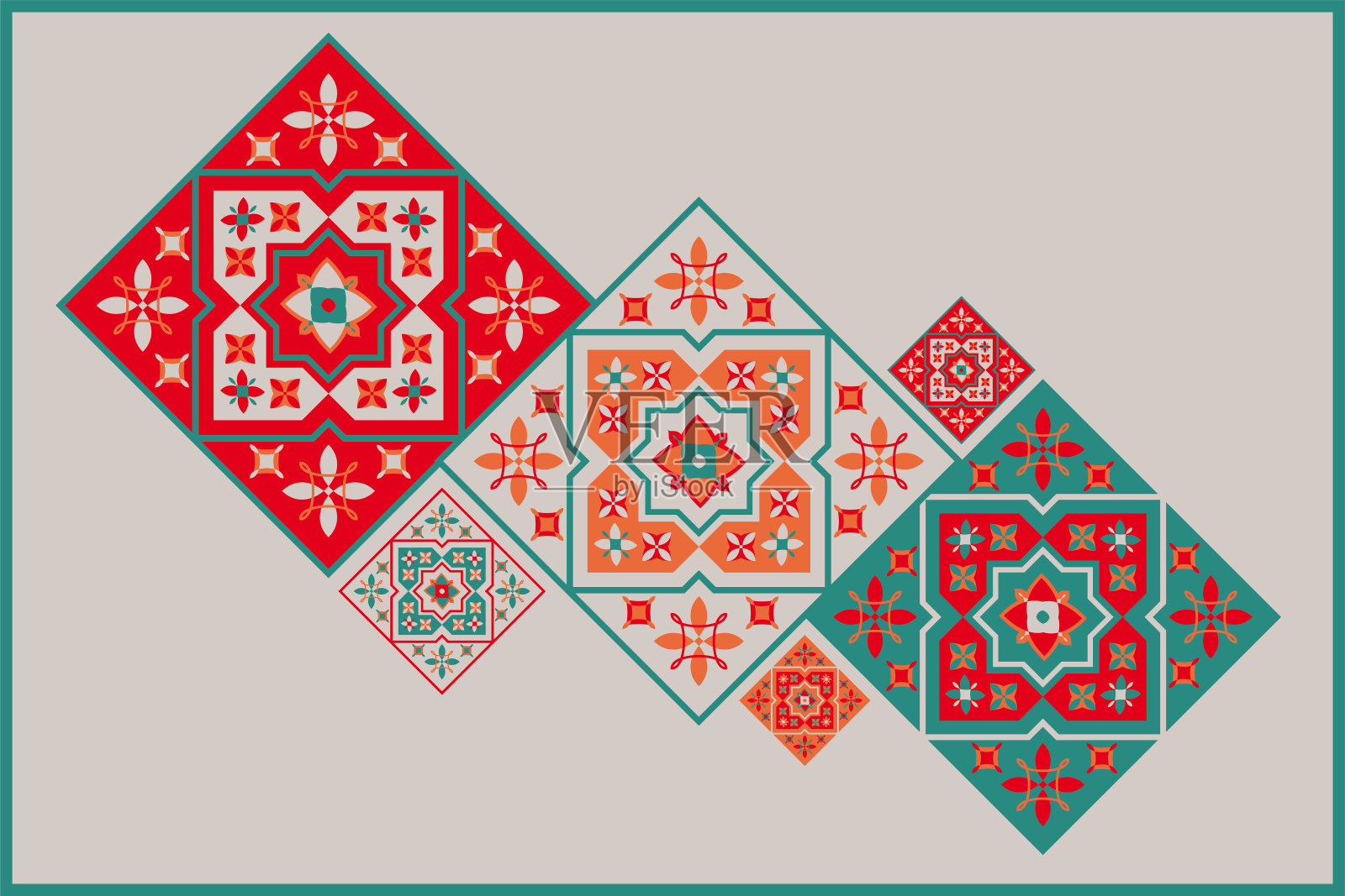 摩洛哥瓷砖背景纹理。彩色装饰瓷砖。五颜六色的设计。无缝向量模式集。红色民间少数民族饰品，用于印刷品、网络背景、表面纹理、毛巾等。插画图片素材