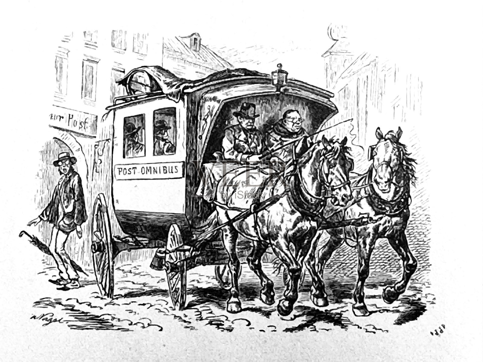 有人跑在公共马车后面插画图片素材