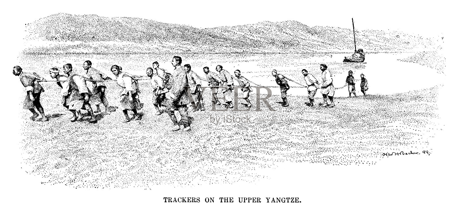 追踪者在长江上游拉船插画图片素材