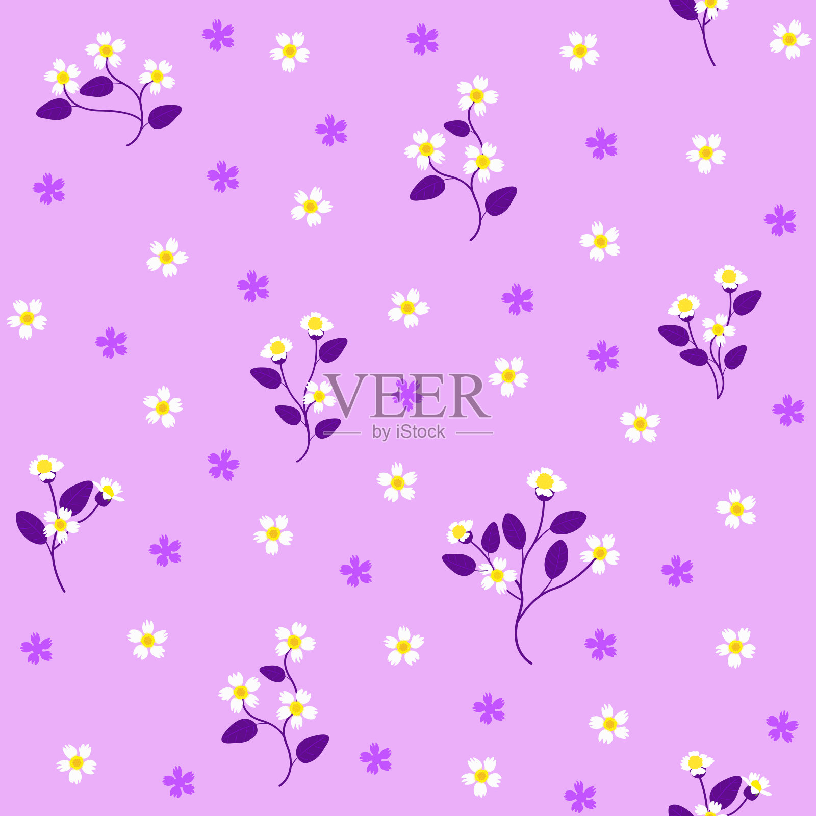 Ditsy Daisy无缝图案。紫色花卉图案。紫色的背景。插画图片素材