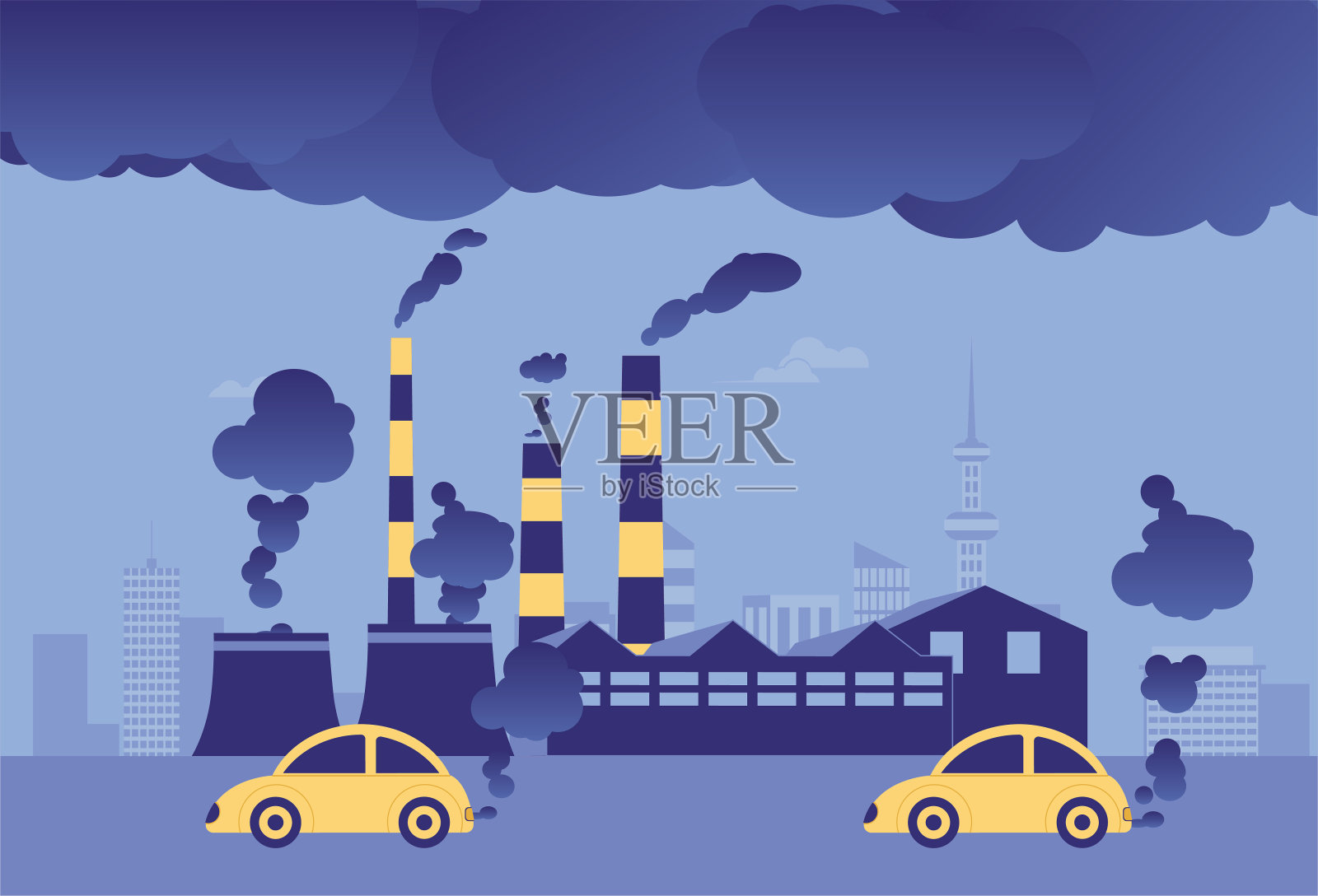 汽车尾气和工厂废气污染环境插画图片素材
