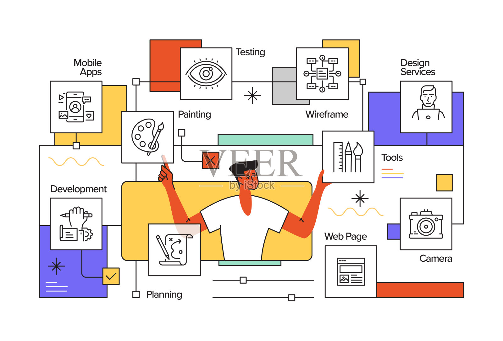 网页设计概念与图标的平面线插图插画图片素材