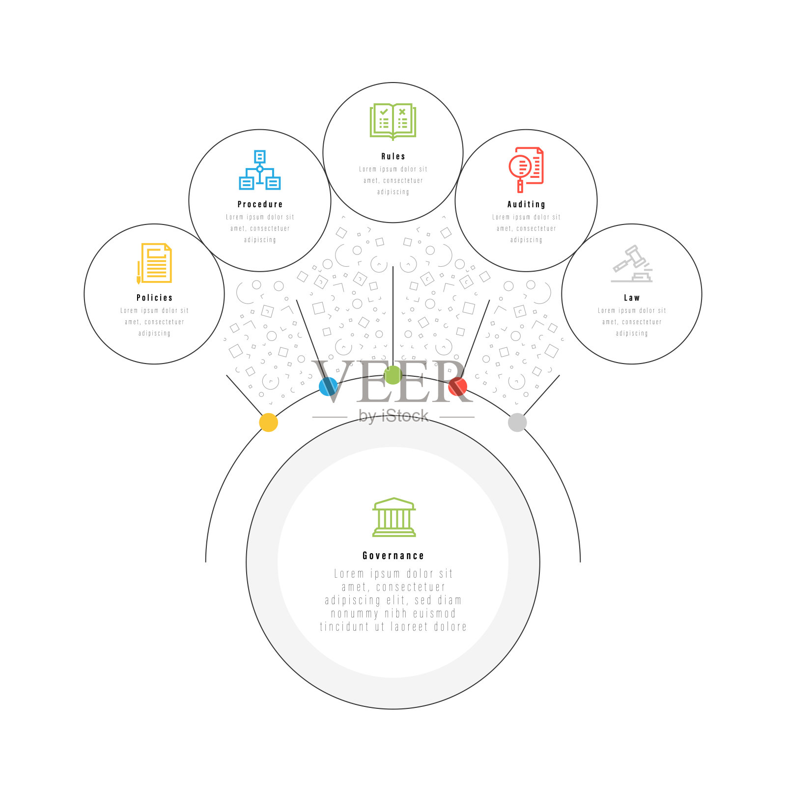 信息图表设计模板。带有6个选项或步骤的策略、过程、规则、审计、法律、治理图标。插画图片素材