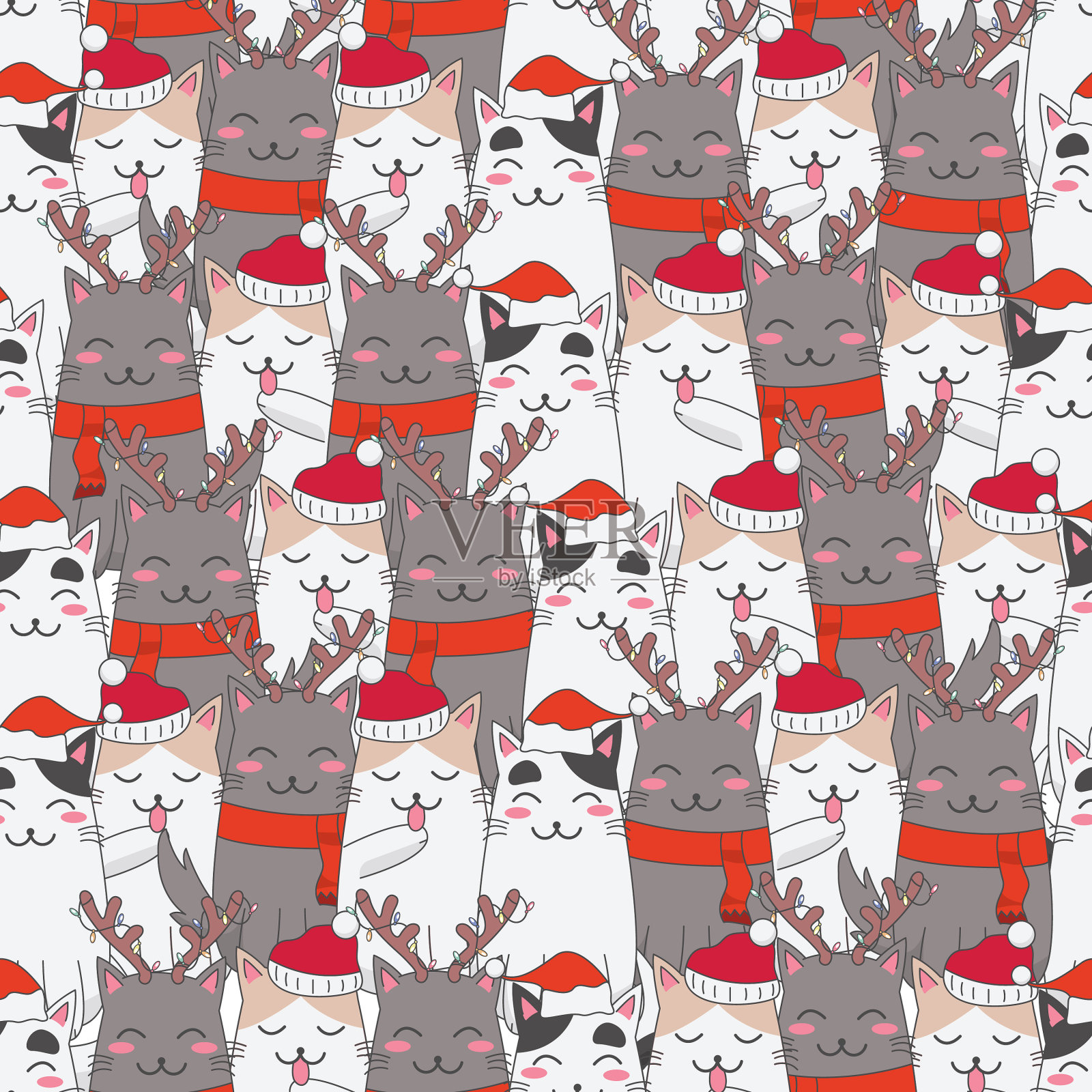 可爱的圣诞猫无缝图案插画图片素材