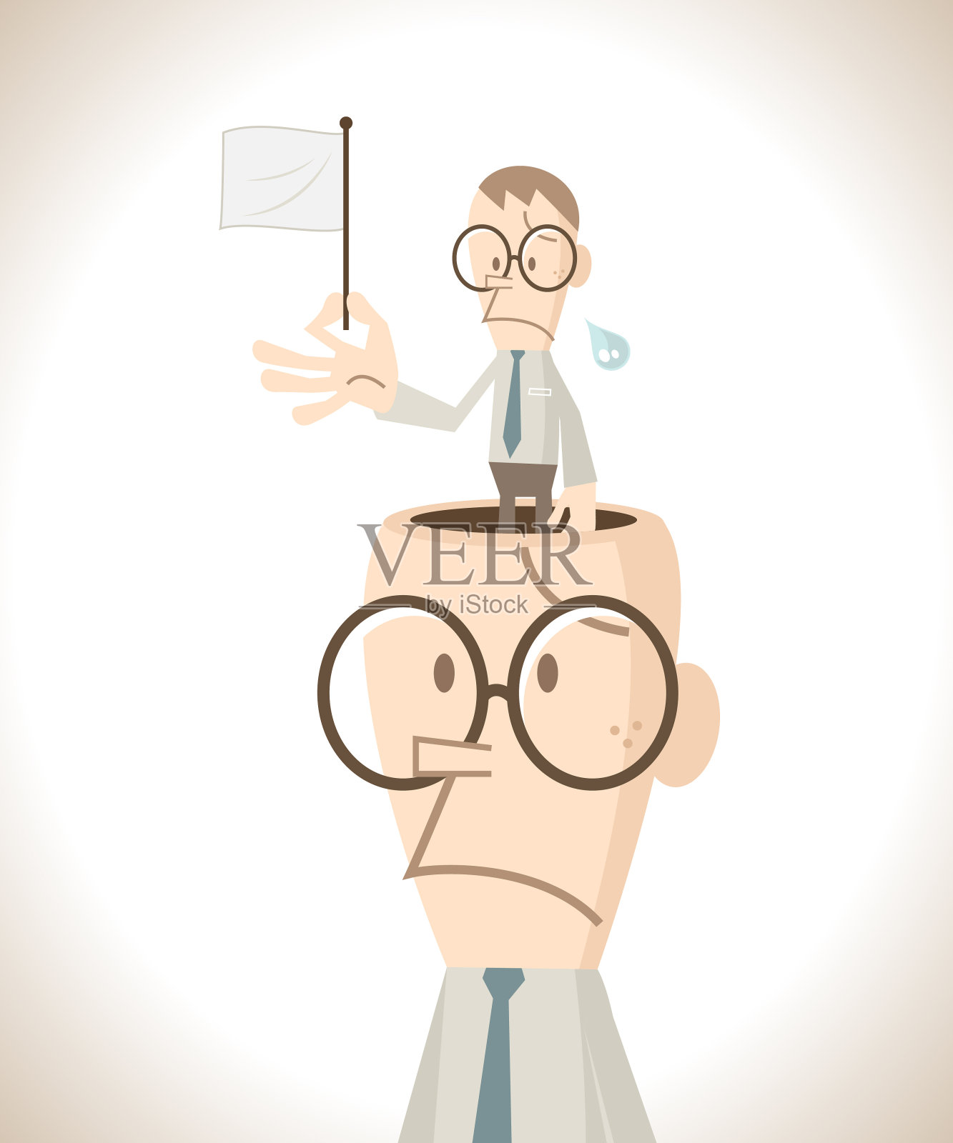 小商人举着白旗(投降)，站在大个子敞开的脑袋里插画图片素材