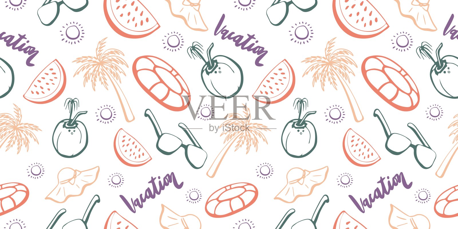 无缝夏季图案绘制与一条线和彩色柔和的颜色。插画图片素材