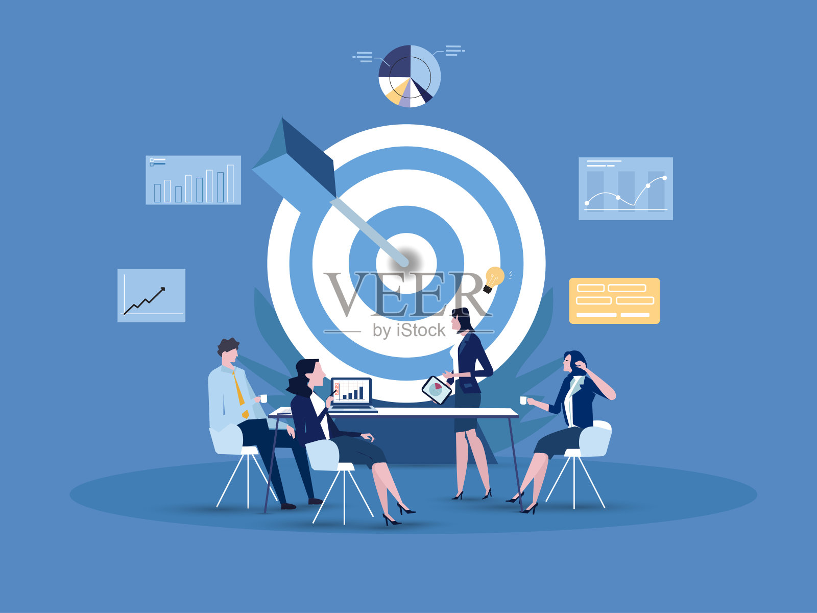 团队业务工作表与飞镖靶。企业领导、合作、伙伴关系、团队合作的象征。矢量插图。插画图片素材