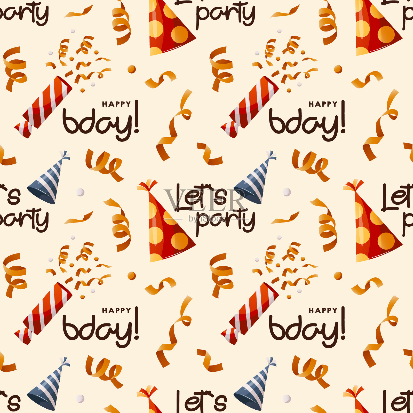 图案与生日纸帽，晚会爆竹与五彩纸屑。插画图片素材