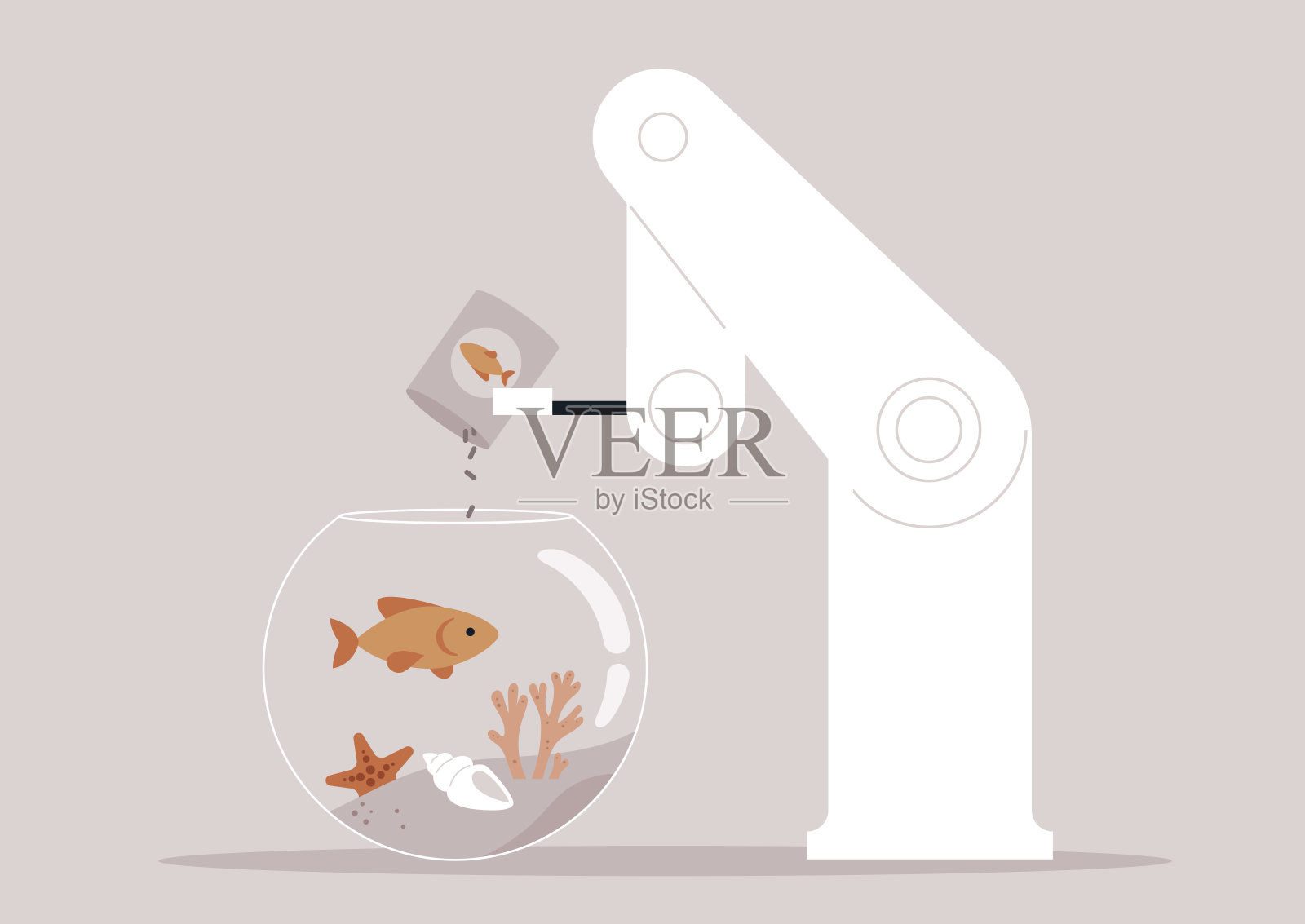 一个机器人在一个圆形鱼缸里喂金鱼，鱼缸里有珊瑚和贝壳插画图片素材