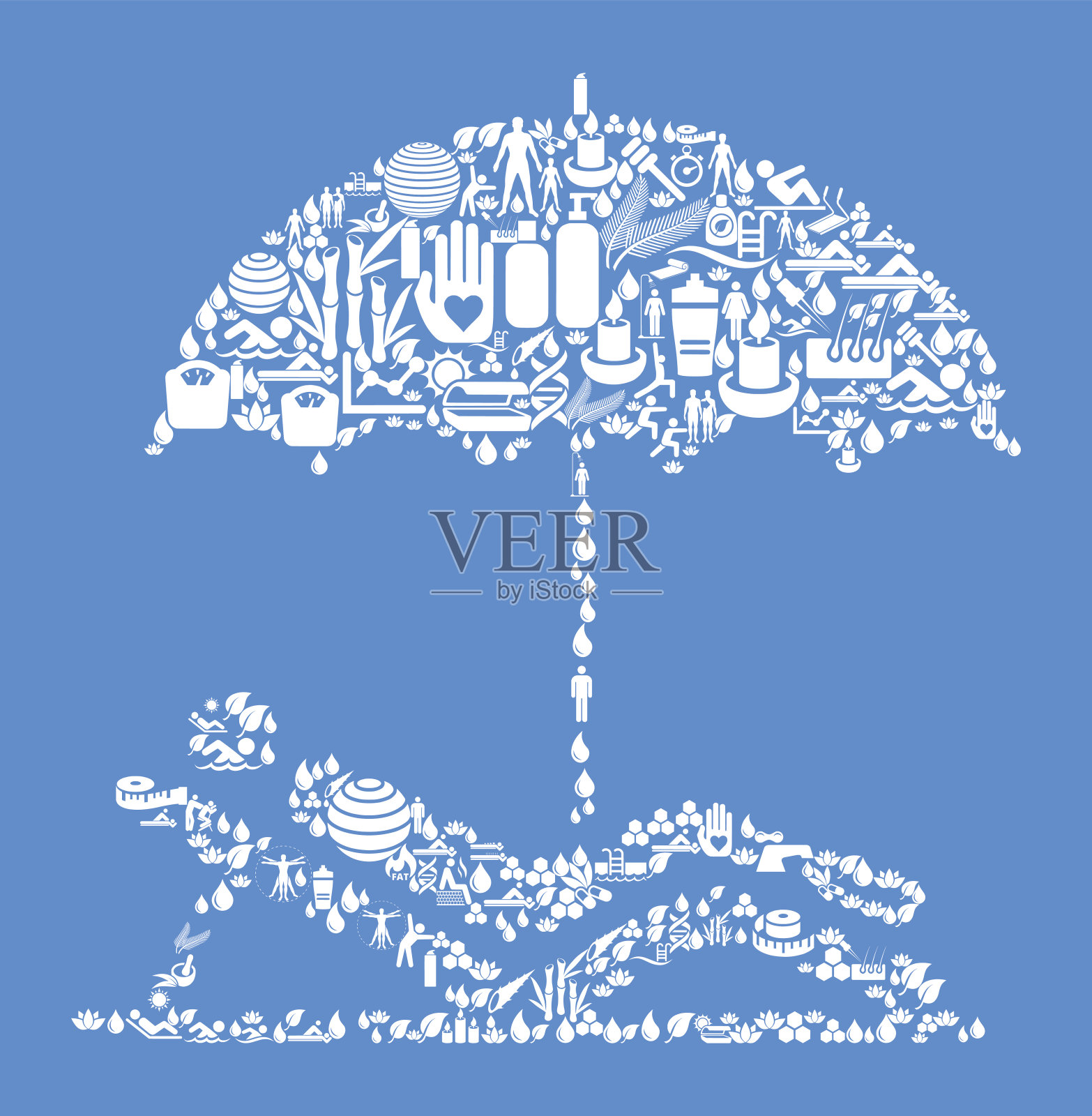 放松健康和健康图标设置蓝色背景插画图片素材