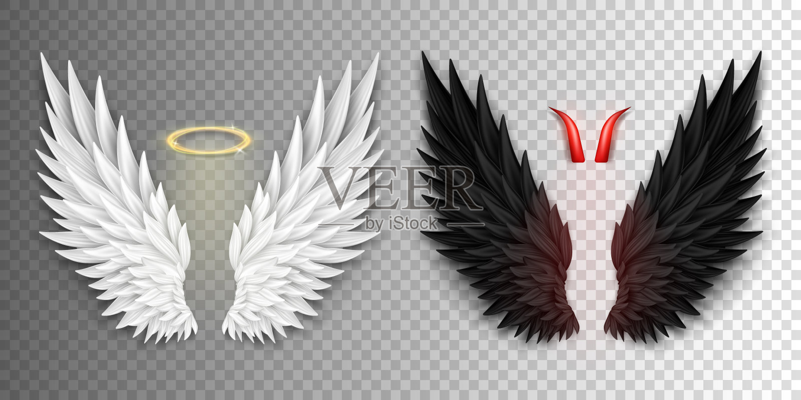 现实的魔鬼翅膀与角和天使翅膀与光环插画图片素材