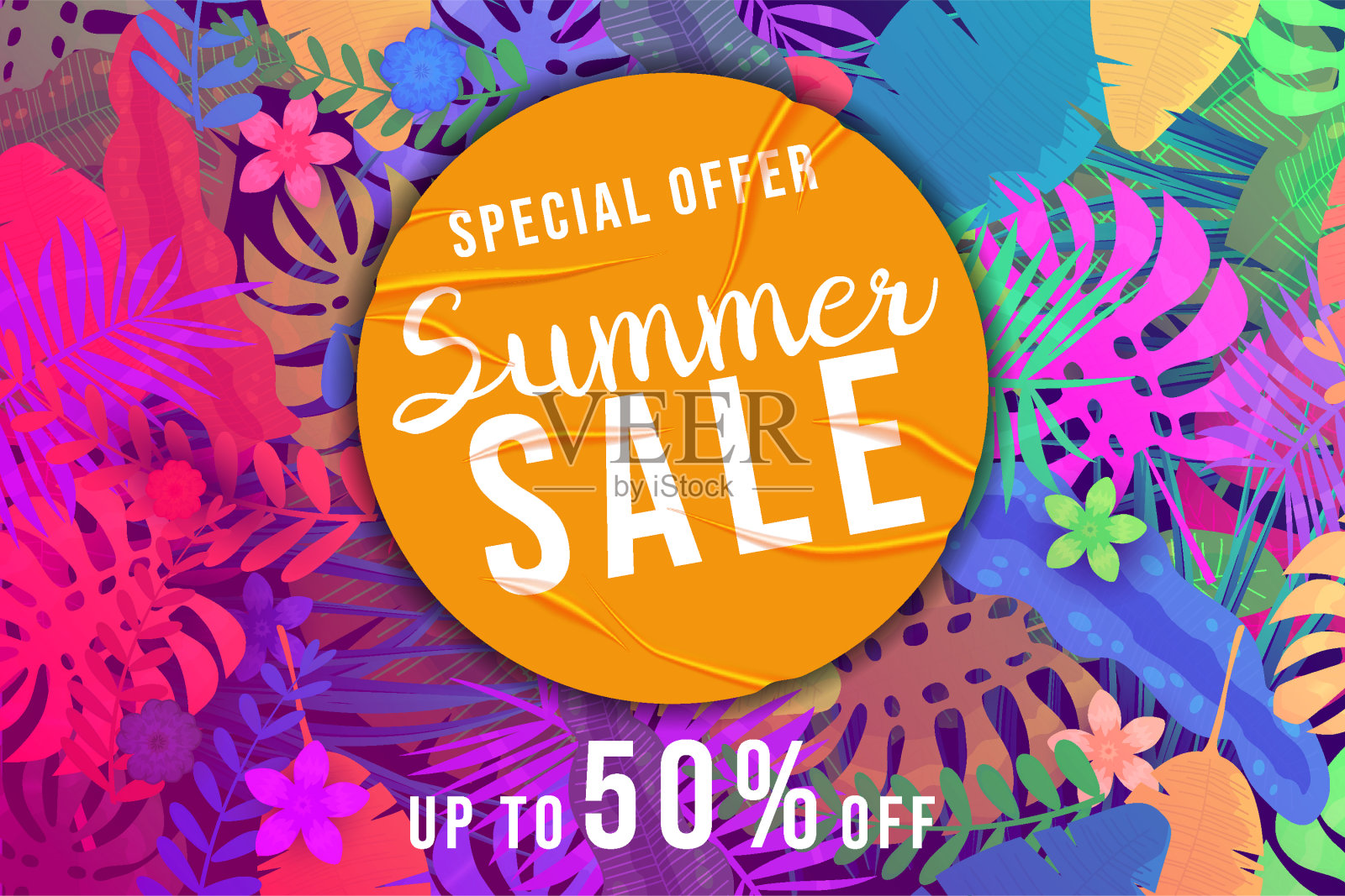 夏季销售模板背景五颜六色的热带植物，花和叶子插画图片素材