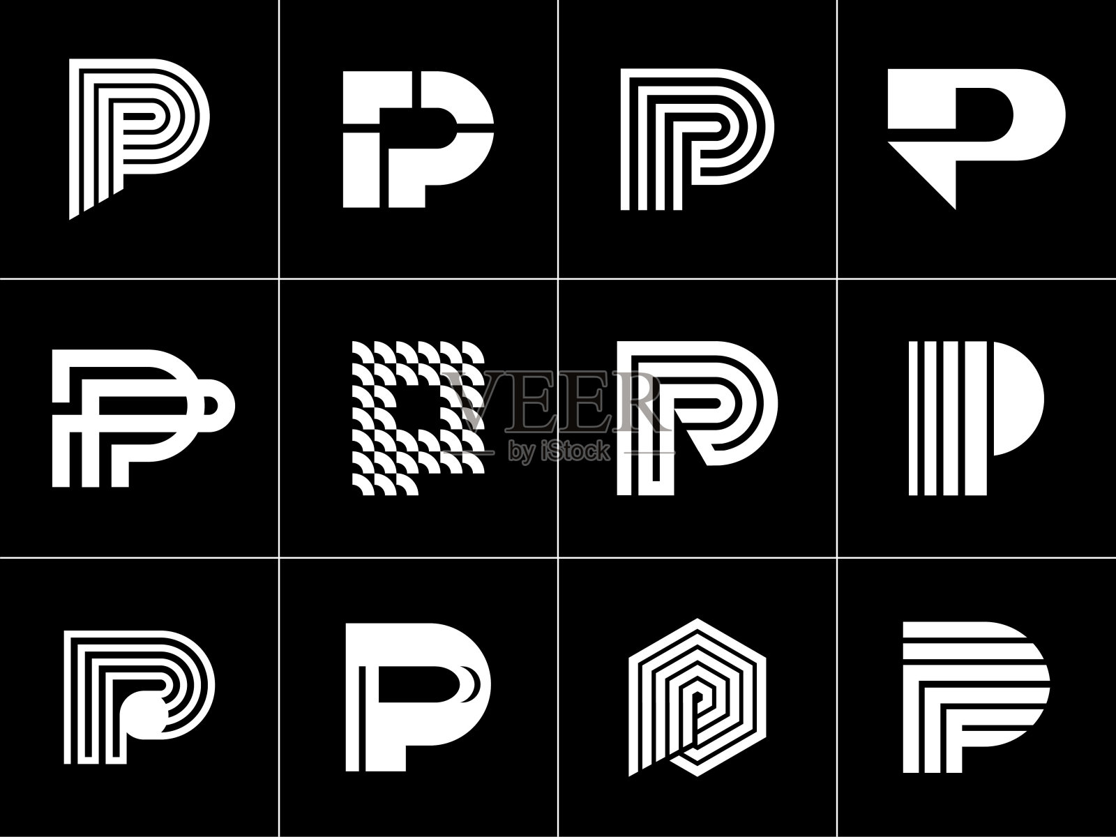 收集抽象商业字母P设计。现代行首字母缩写P品牌。插画图片素材