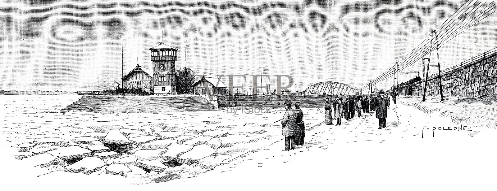 冰冻的河流，维也纳，多瑙河插画图片素材