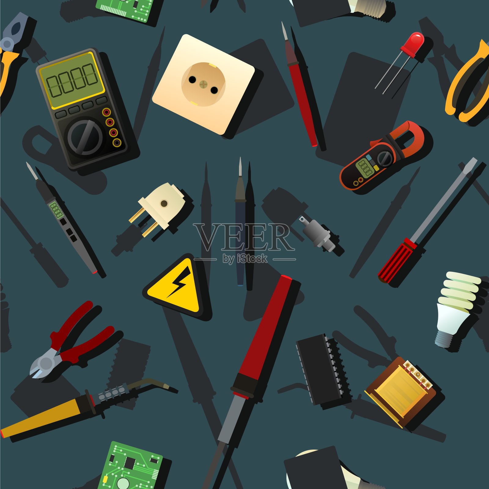 电工工具。无线电、电子和微处理器设备的维修。备件、部件和服务。无缝模式。向量插画图片素材