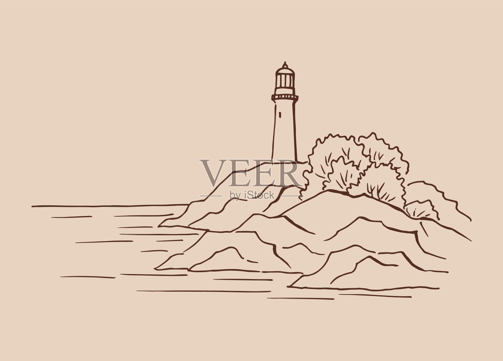 灯塔。手绘插图转换为矢量。海岸图形景观素描插图矢量。插画图片素材