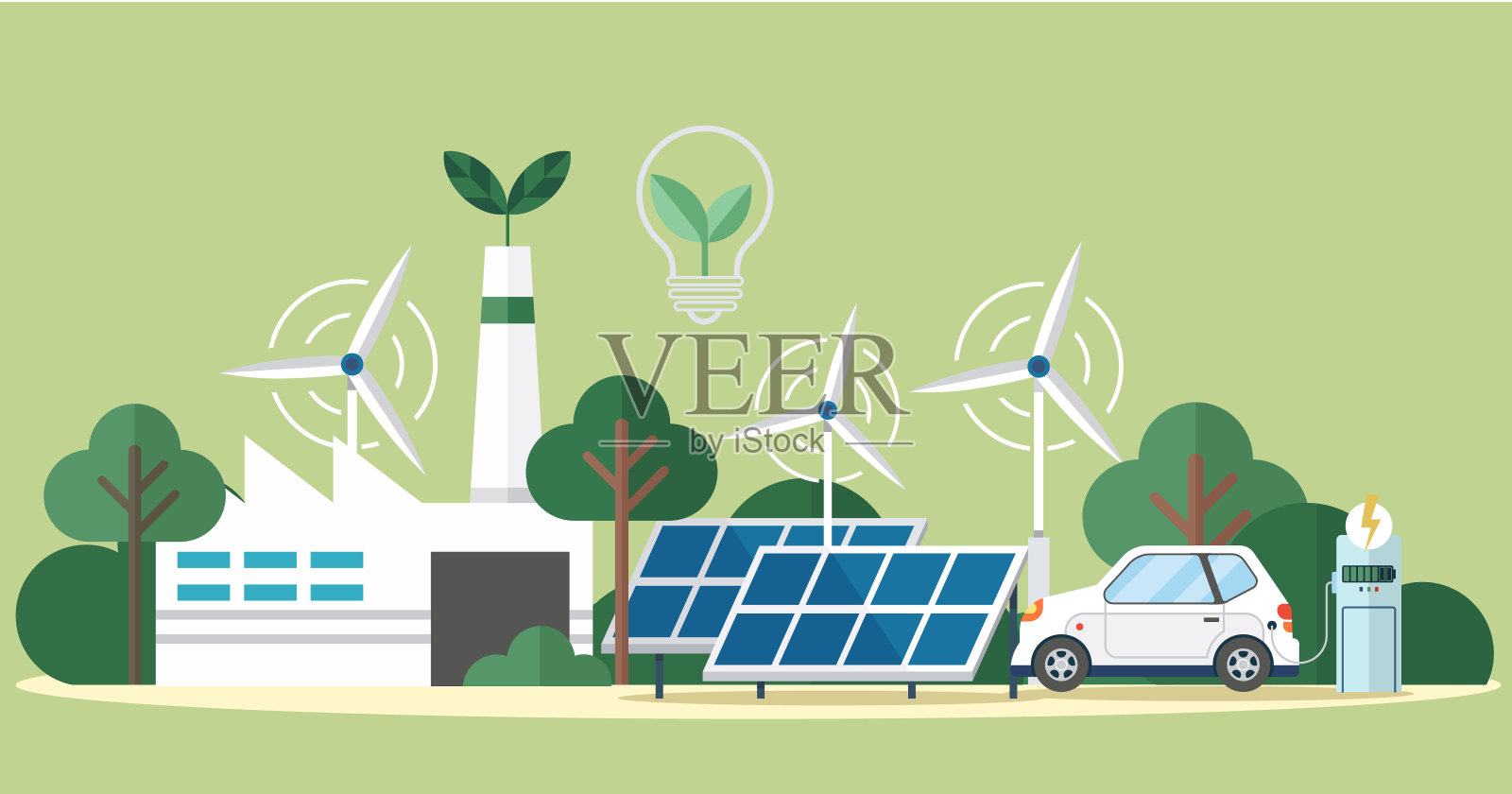 太阳能电池板和电池与太阳。基于可再生智能离网电源的电动汽车充电系统插画图片素材