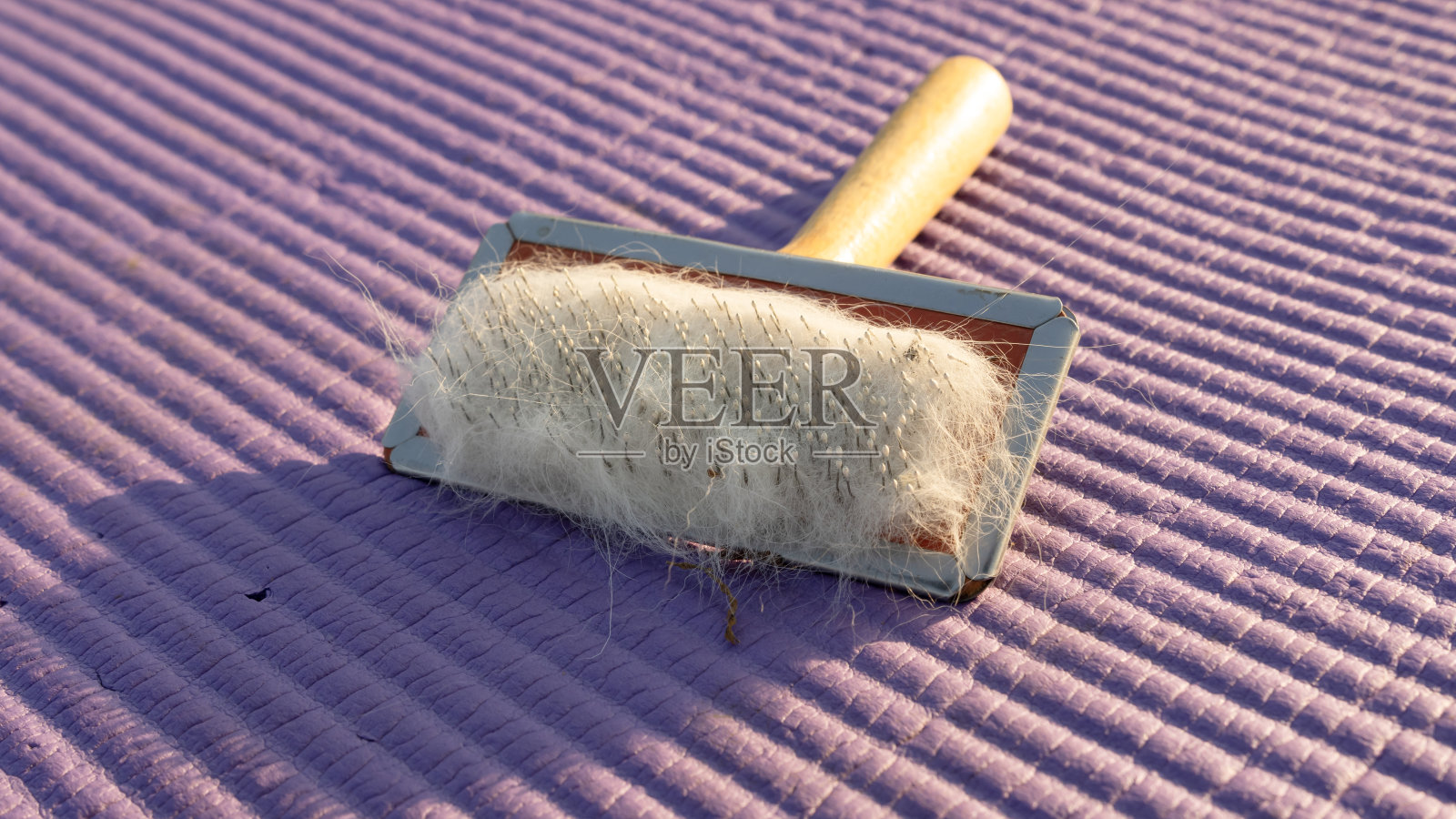 猫用脱毛梳。在瑜伽垫上照片摄影图片