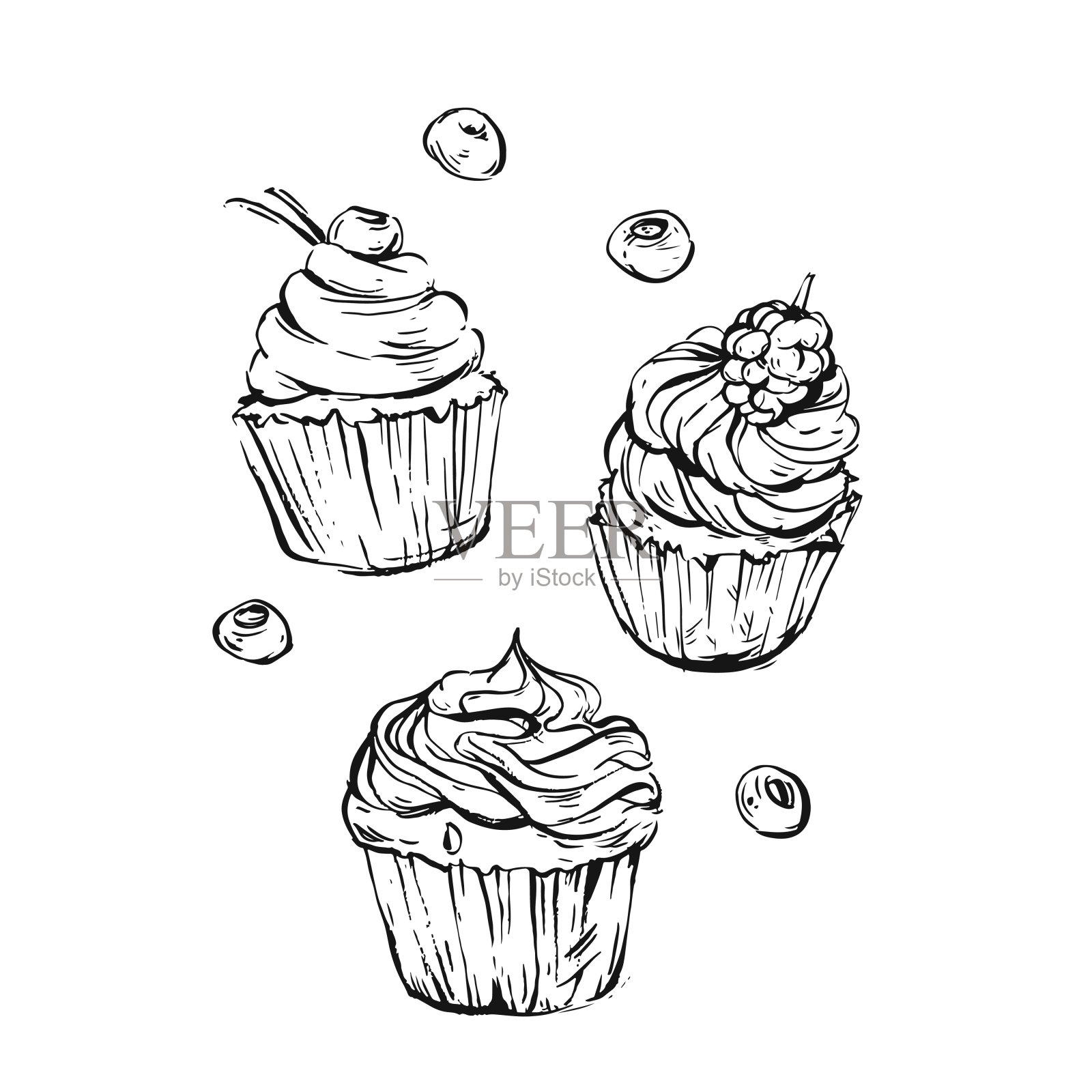 手绘矢量图形甜食设计元素集合集与手工制作的现代图形纸杯蛋糕在黑色和白色隔离的颜色浆果。婚礼、生日、糖果店的标志插画图片素材