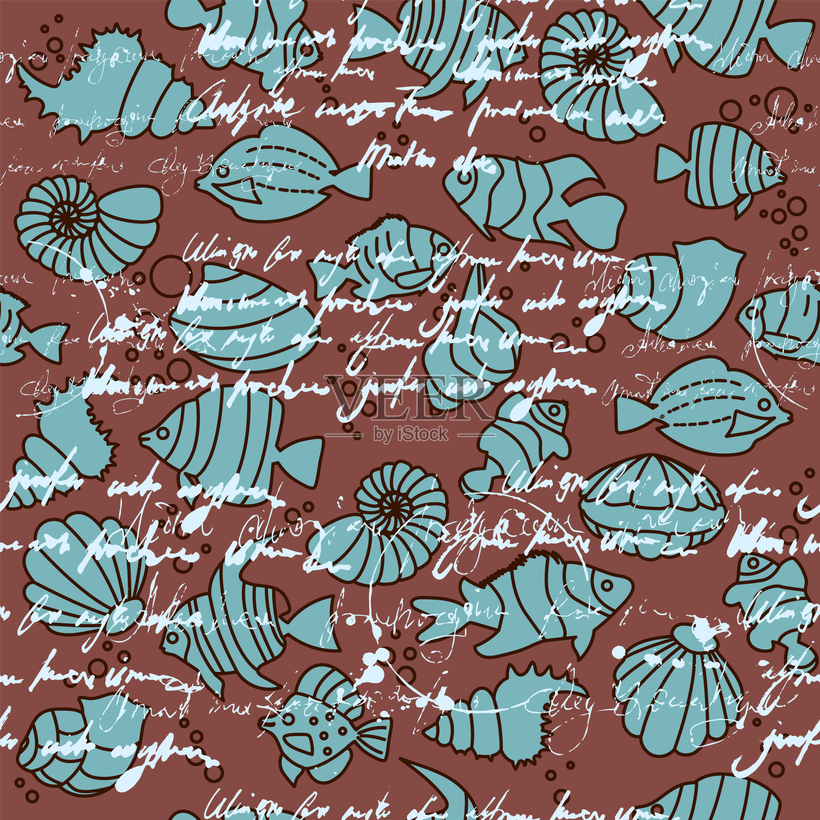 热带鱼壳无缝图案线条艺术剪影风格，不可读文字，手写文字插画图片素材