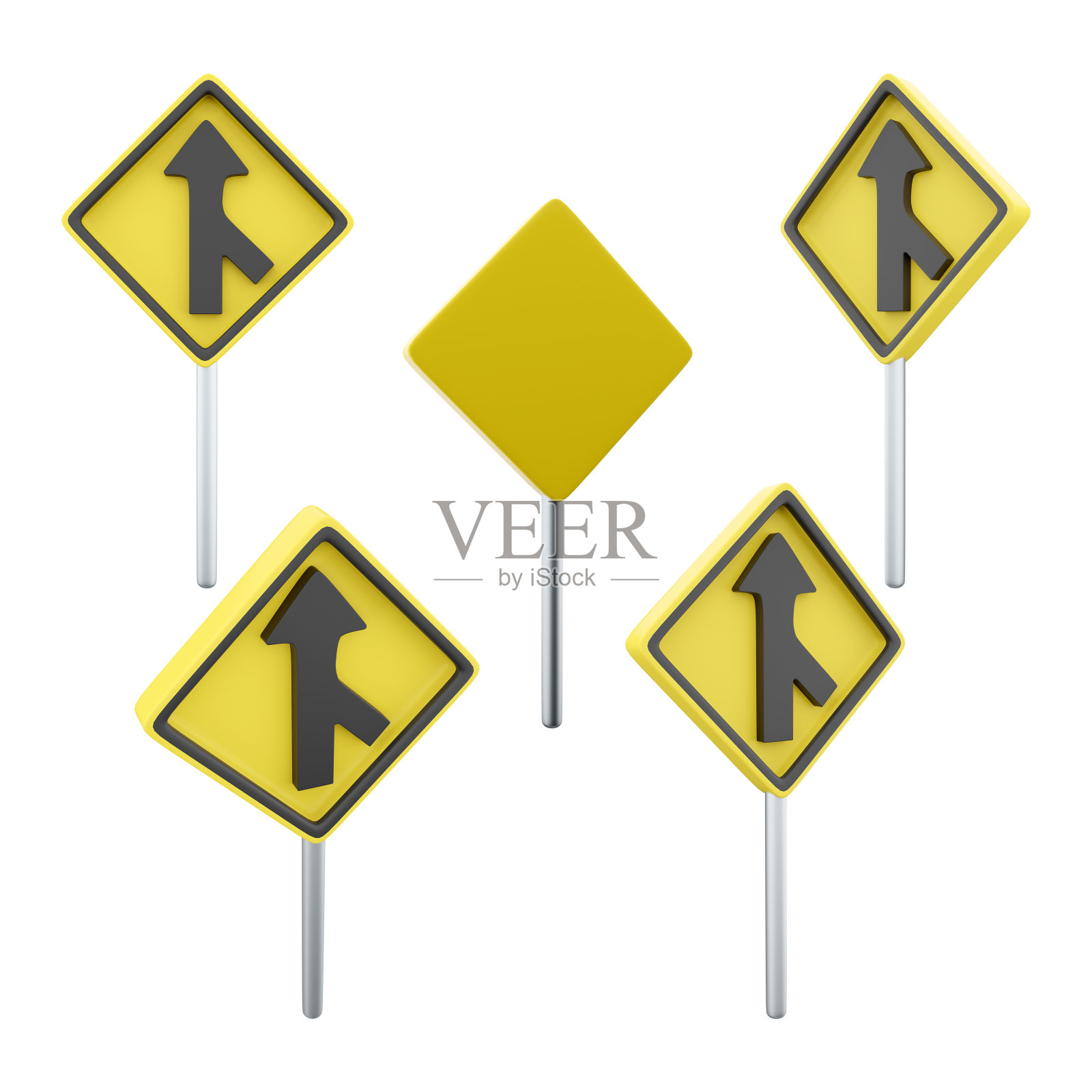 3d渲染小路口路标不同位置图标集。3d渲染路标概念图标集图标素材