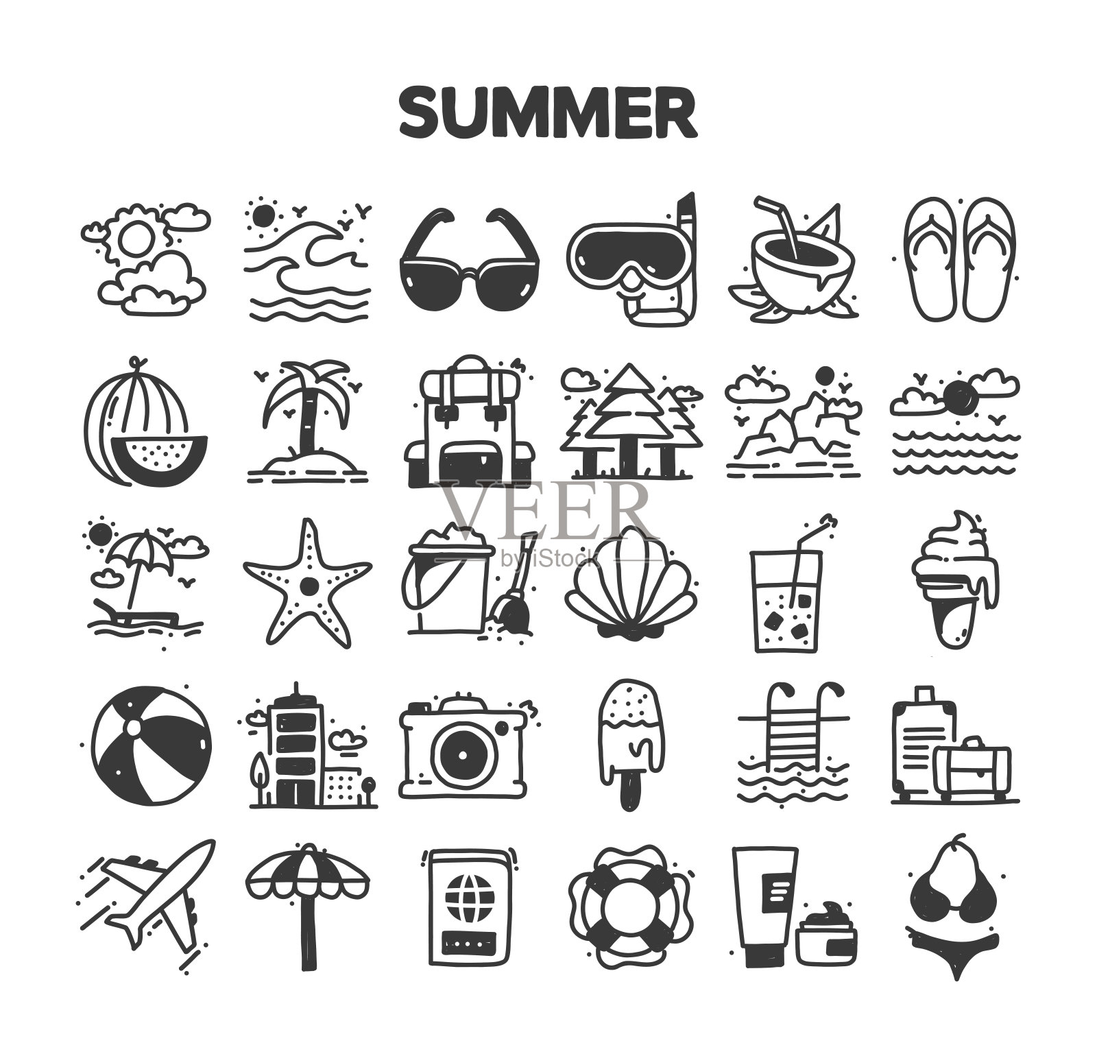 夏季相关手绘矢量涂鸦图标集插画图片素材