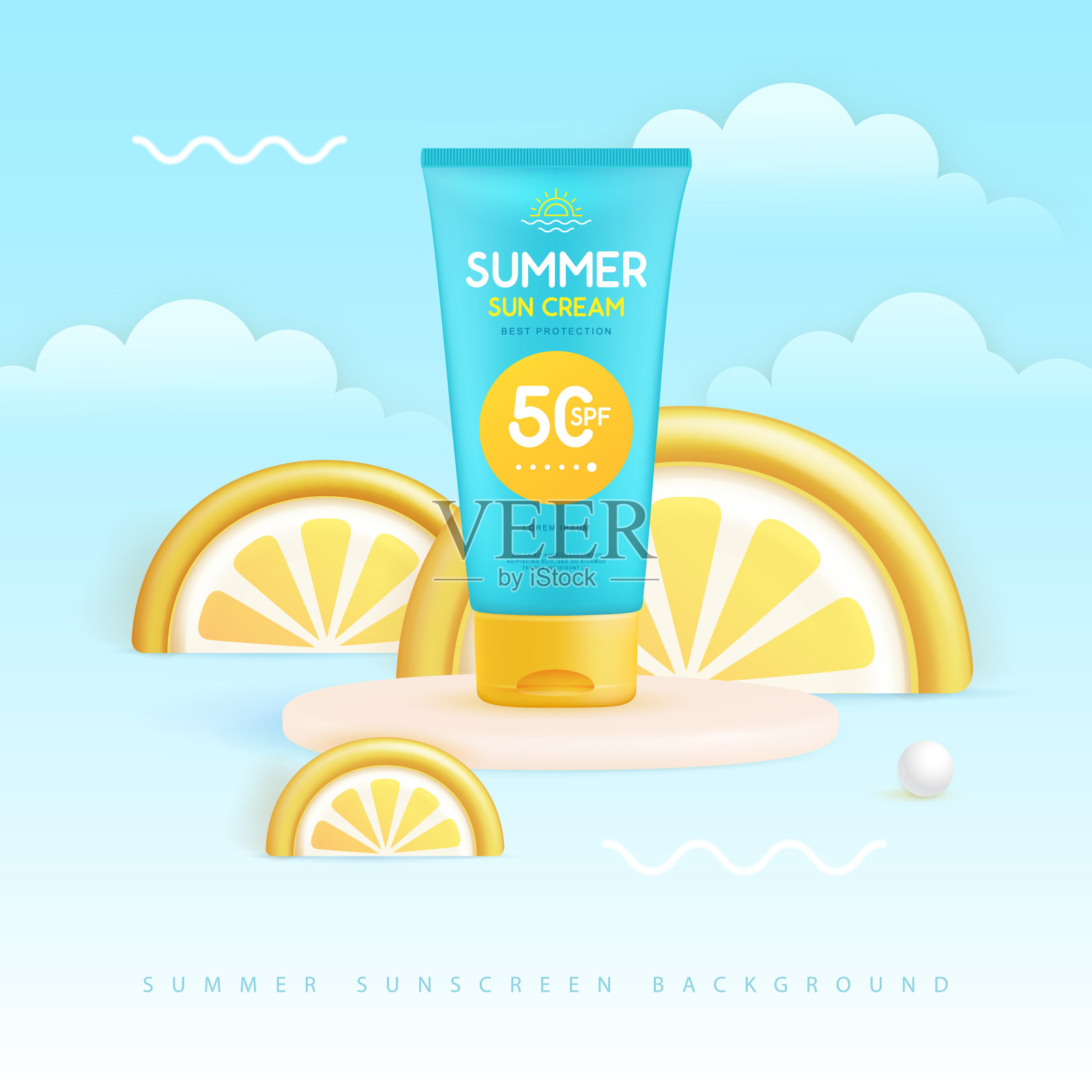 夏季背景与3d讲台和防晒管切片柠檬或橙子。五彩缤纷的夏日景象。矢量图插画图片素材