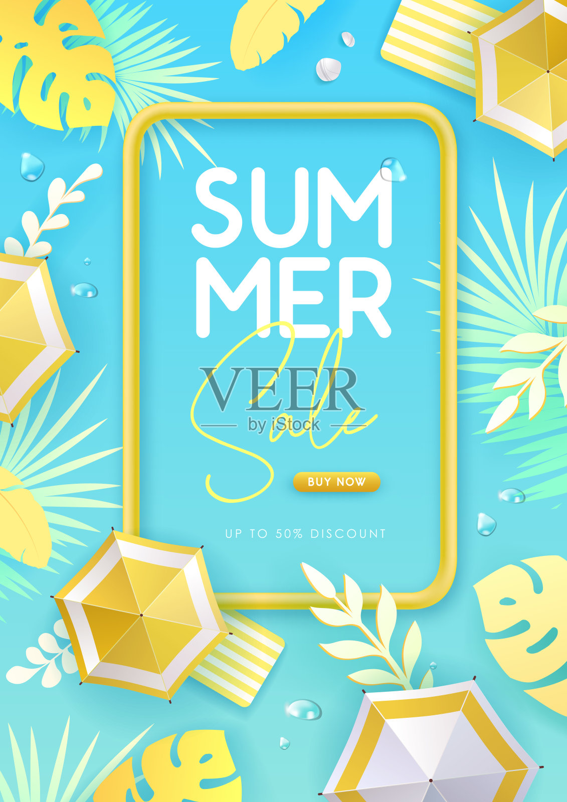 俯视图夏季大销售热带旗帜与热带树叶和沙滩伞。夏季的背景。矢量图插画图片素材