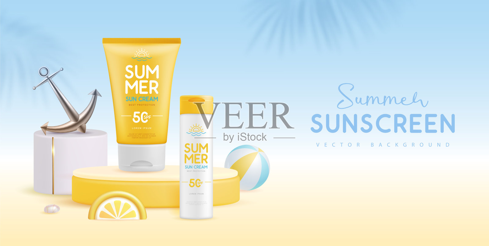 夏季背景与3d讲台和一套防晒霜与柠檬片或橙子。五彩缤纷的夏日景象。矢量图插画图片素材