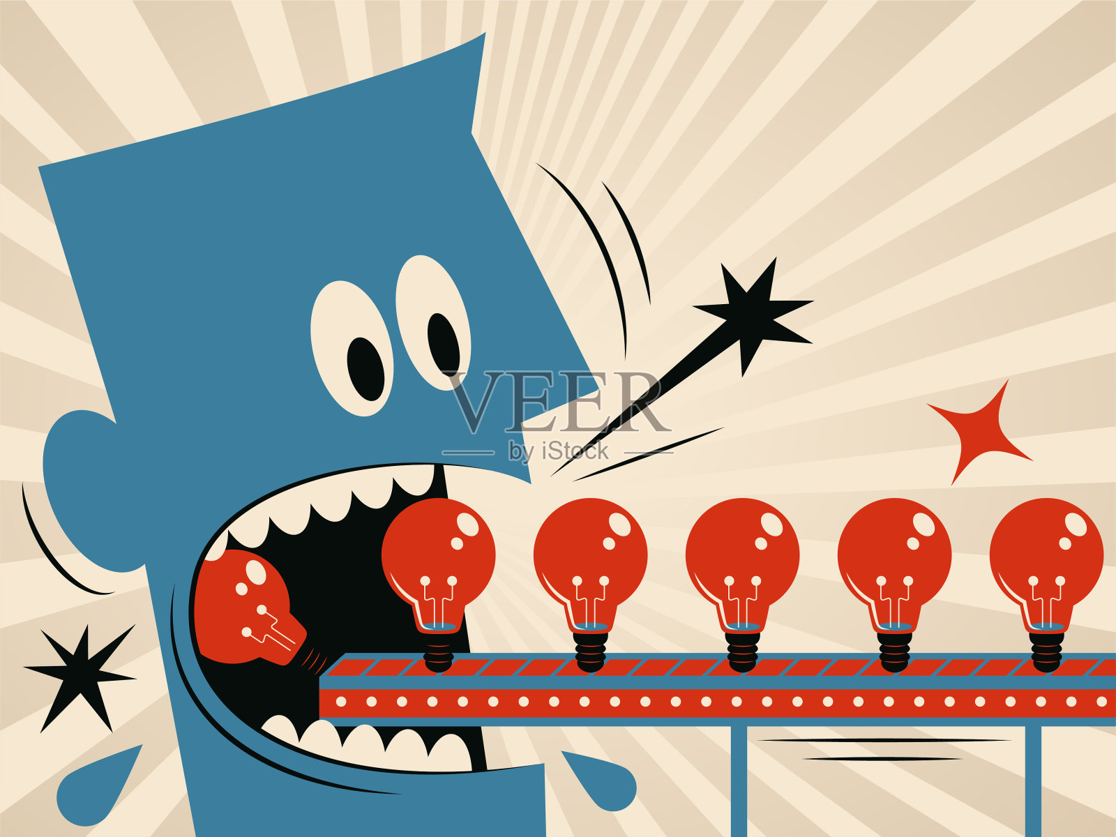 蓝人张着大嘴，吃着一排由生产线送来的好点子灯泡插画图片素材