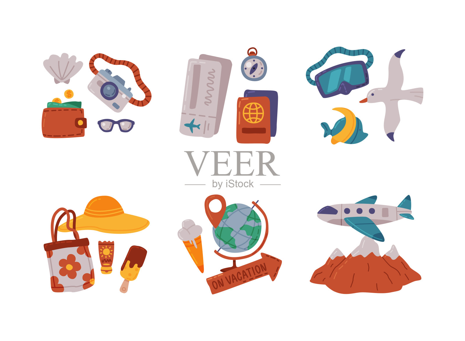 旅游和度假冒险向量集的旅游和度假符号和属性插画图片素材