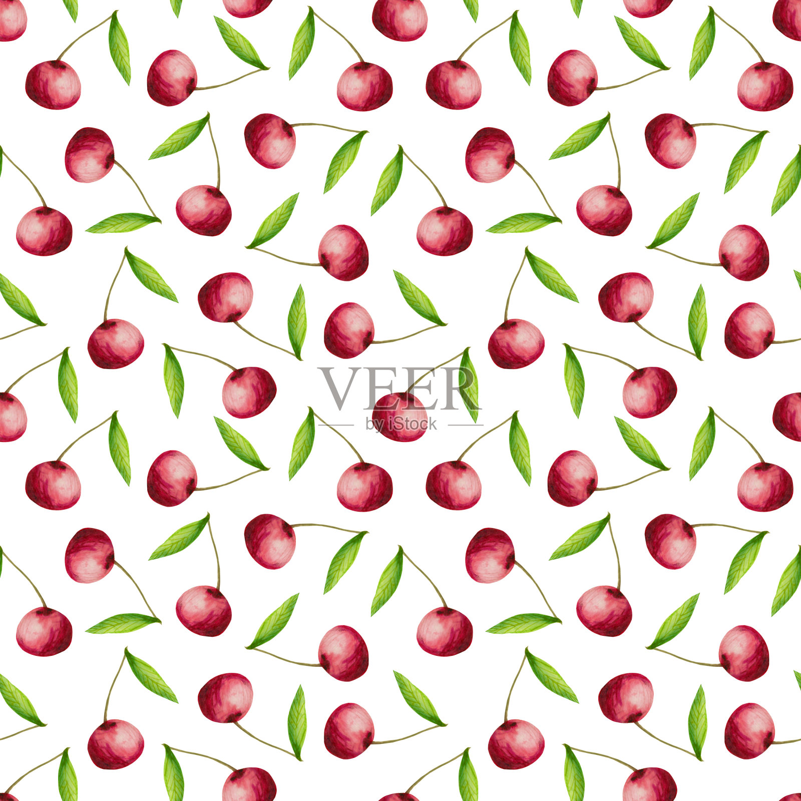 水彩无缝图案成熟的樱桃与绿叶。插画图片素材