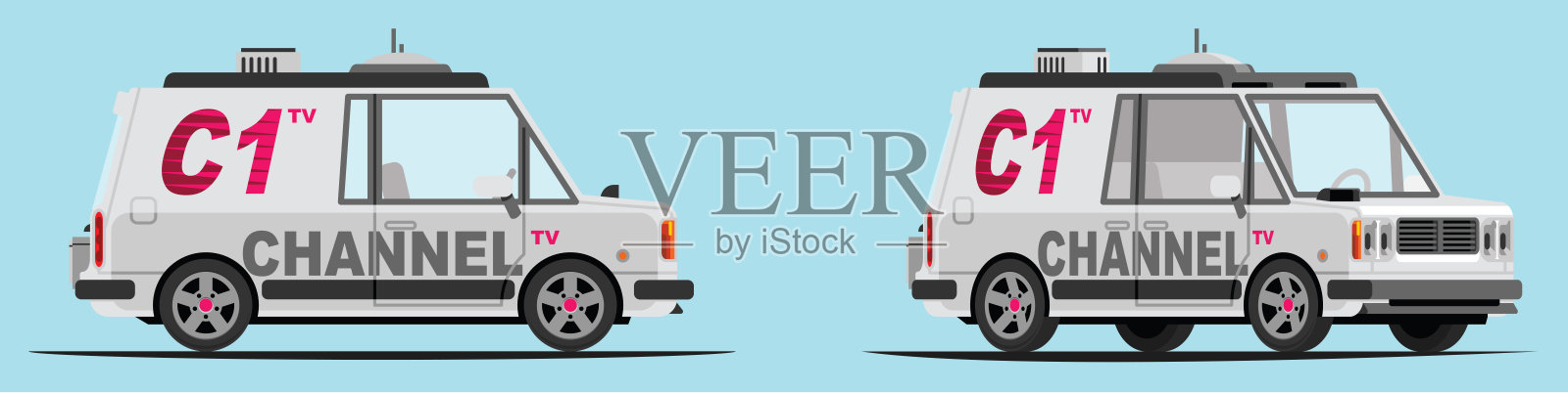 有侧视图和3/4视图的电视台转播车插画图片素材