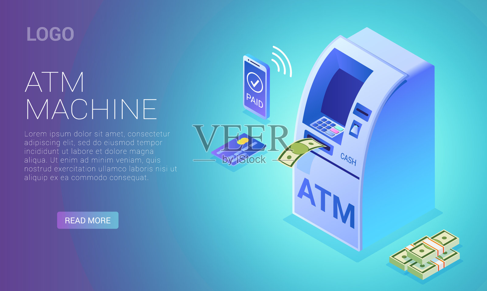 现金终端等距非接触式自动取款机插画图片素材