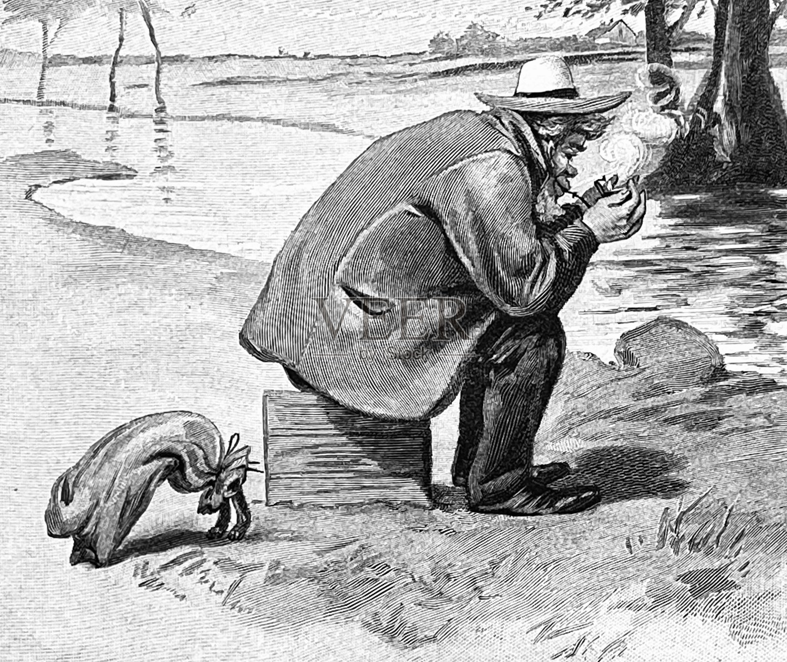 一个人抽着烟斗，一只被抓住的兔子带着袋子开始逃跑插画图片素材