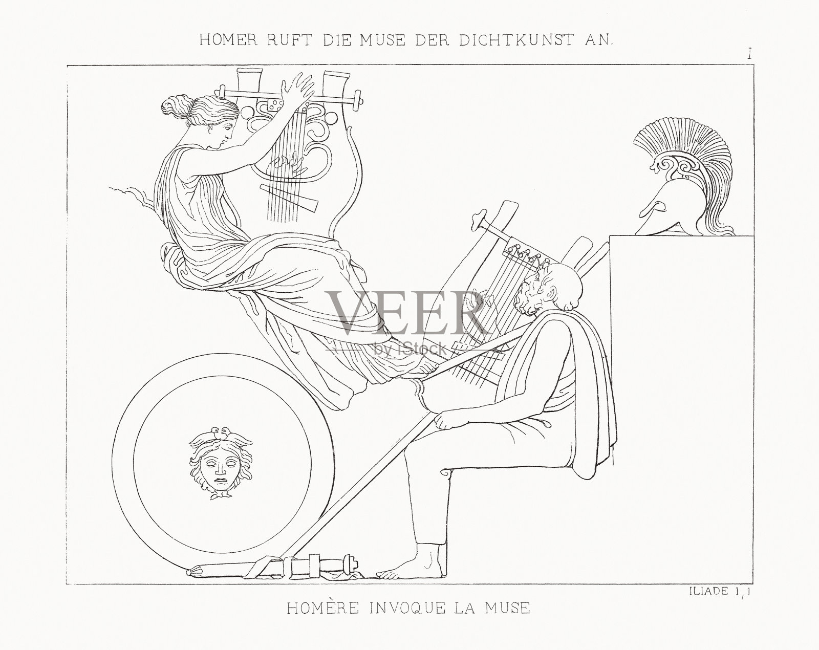 《荷马呼唤诗神》(《伊利亚特》)，钢铁雕刻，1833年插画图片素材