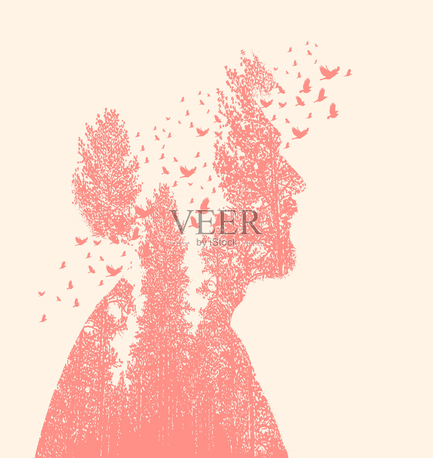 印第安人，树木和鸟类插画图片素材