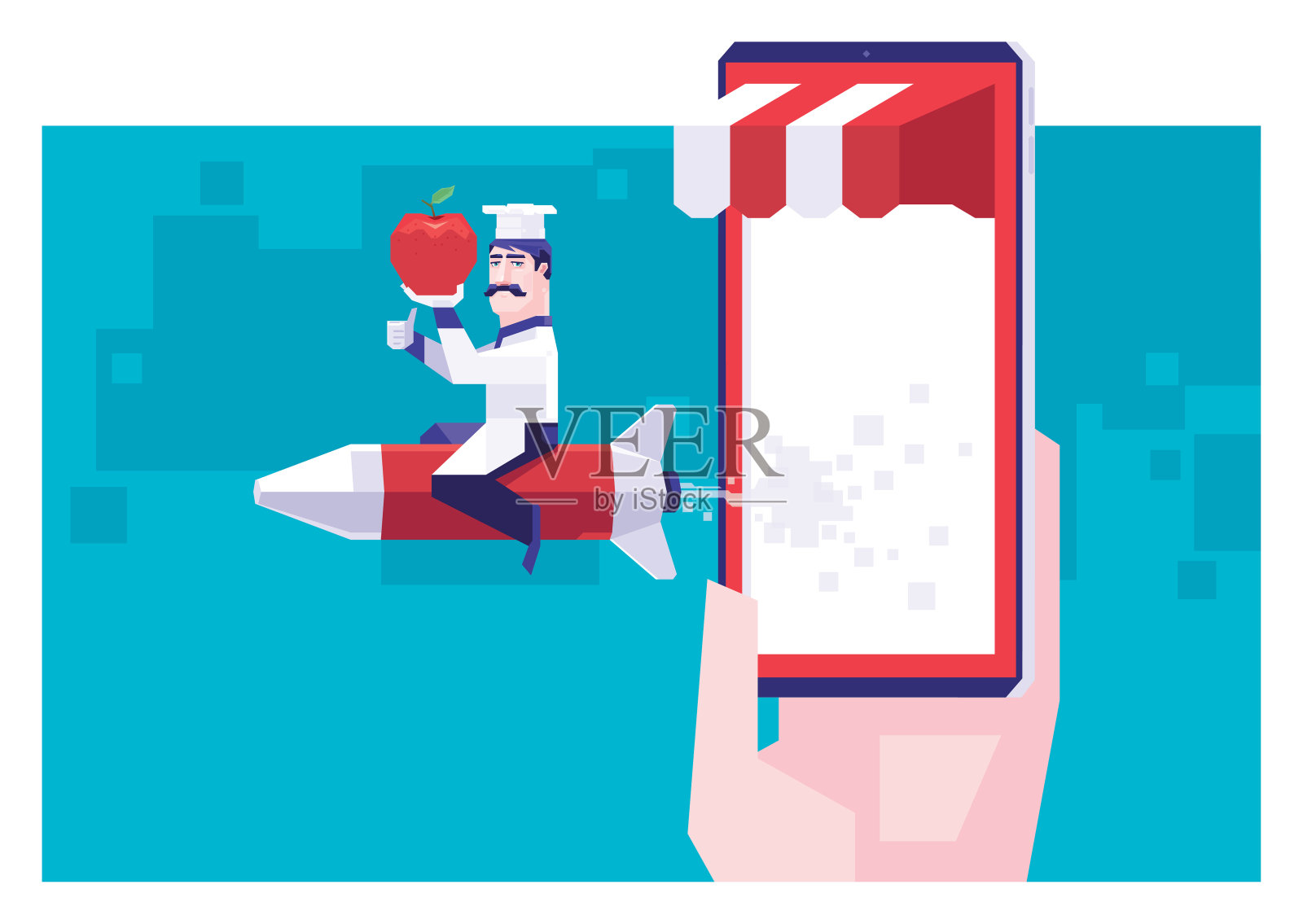 厨师骑着火箭，用智能手机拿着苹果插画图片素材