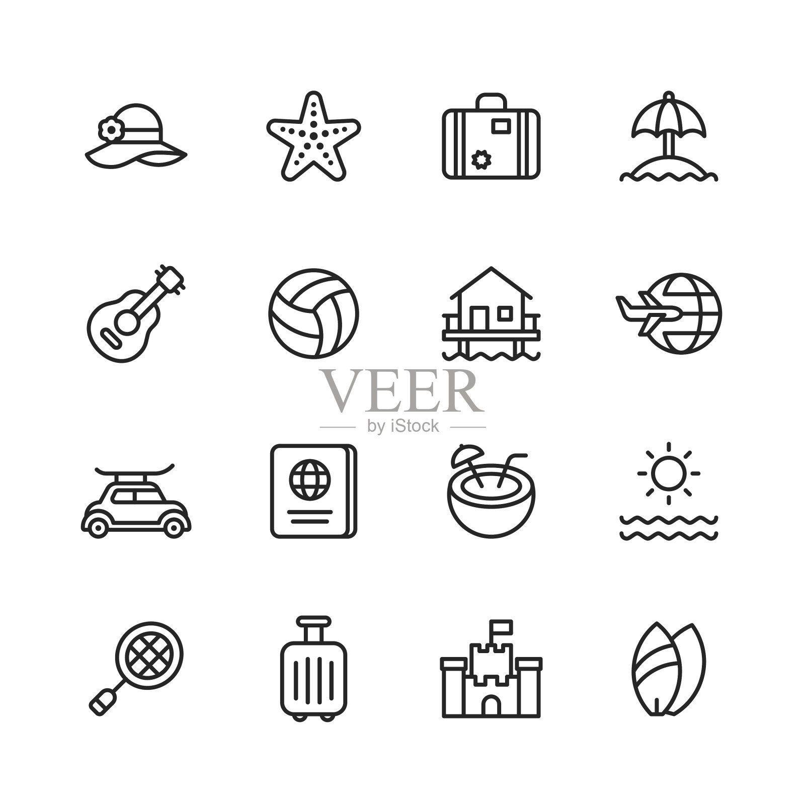 度假和旅游线路图标。可编辑的中风。像素完美。移动和网络。包含如帽子，行李，岛，海，伞，吉他，排球，旅行，飞机，冲浪，护照，太阳，沙城堡，海滩，热带，夏威夷，露营。图标素材