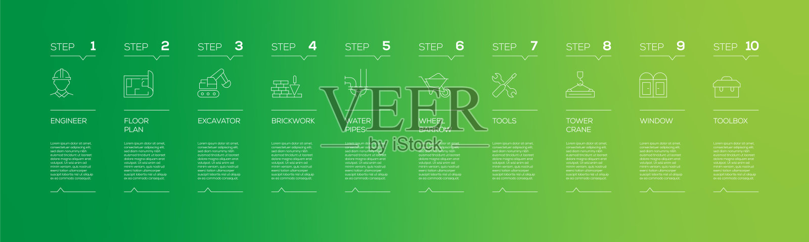 建设相关的信息图设计模板与图标和10个选项或步骤的过程图，演示文稿，工作流布局，横幅，流程图，信息图。插画图片素材