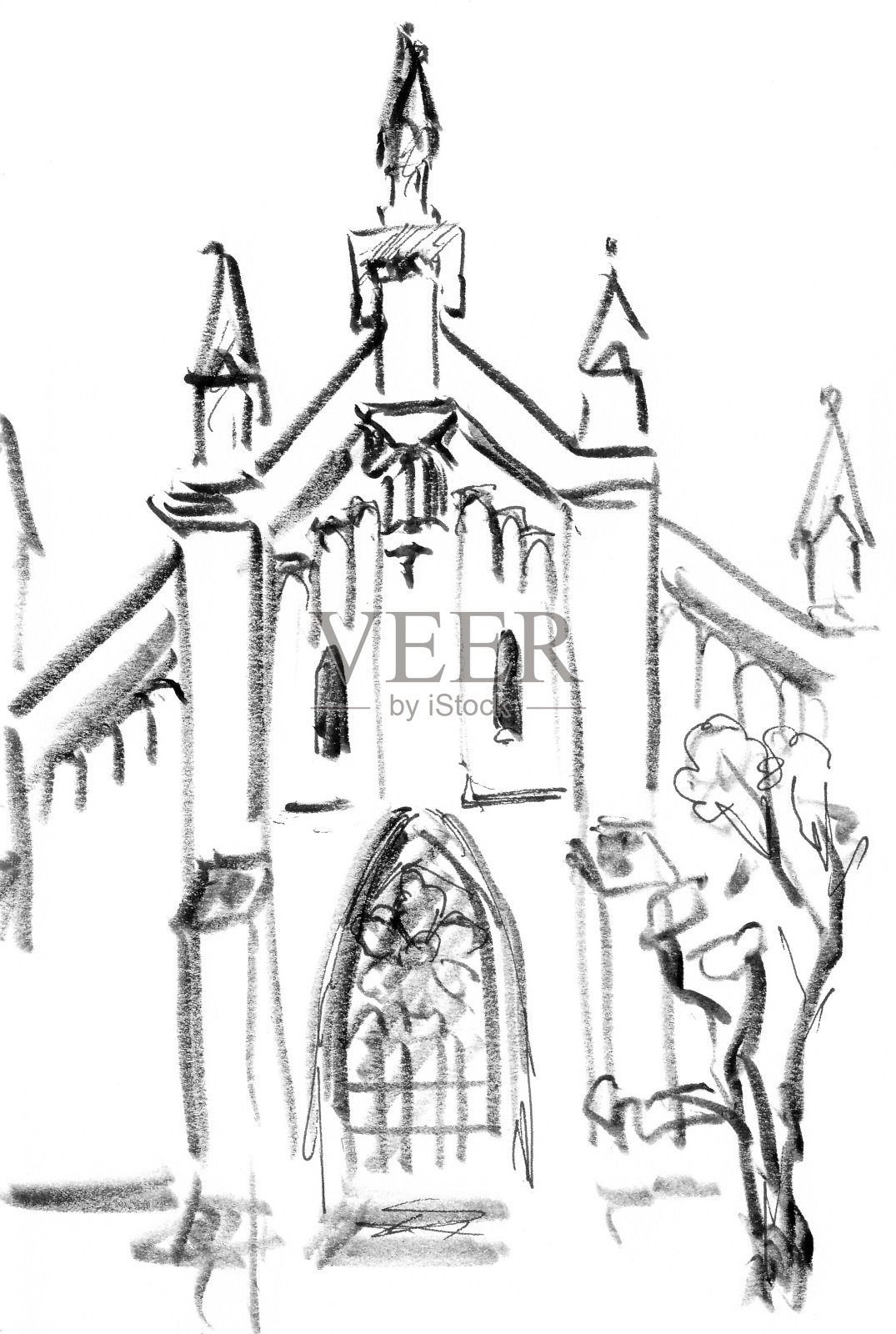 哥特式大教堂，黑白图形。插画图片素材