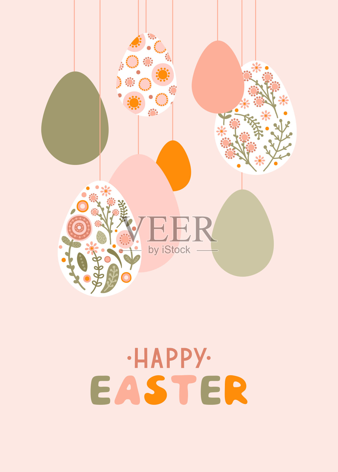 海报模板与剪影复活节彩蛋和鲜花在温和柔和的颜色。插图假日复活节鸡蛋在平面风格与字母快乐复活节。向量设计模板素材