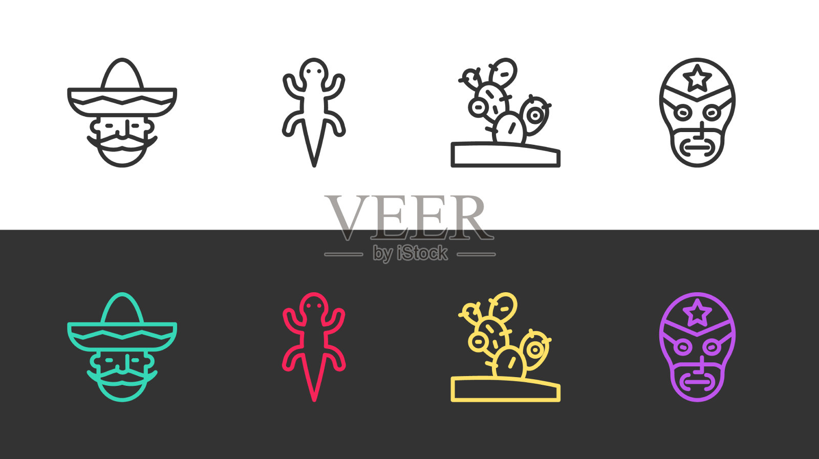 墨西哥人，墨西哥帽，蜥蜴，仙人掌图标素材