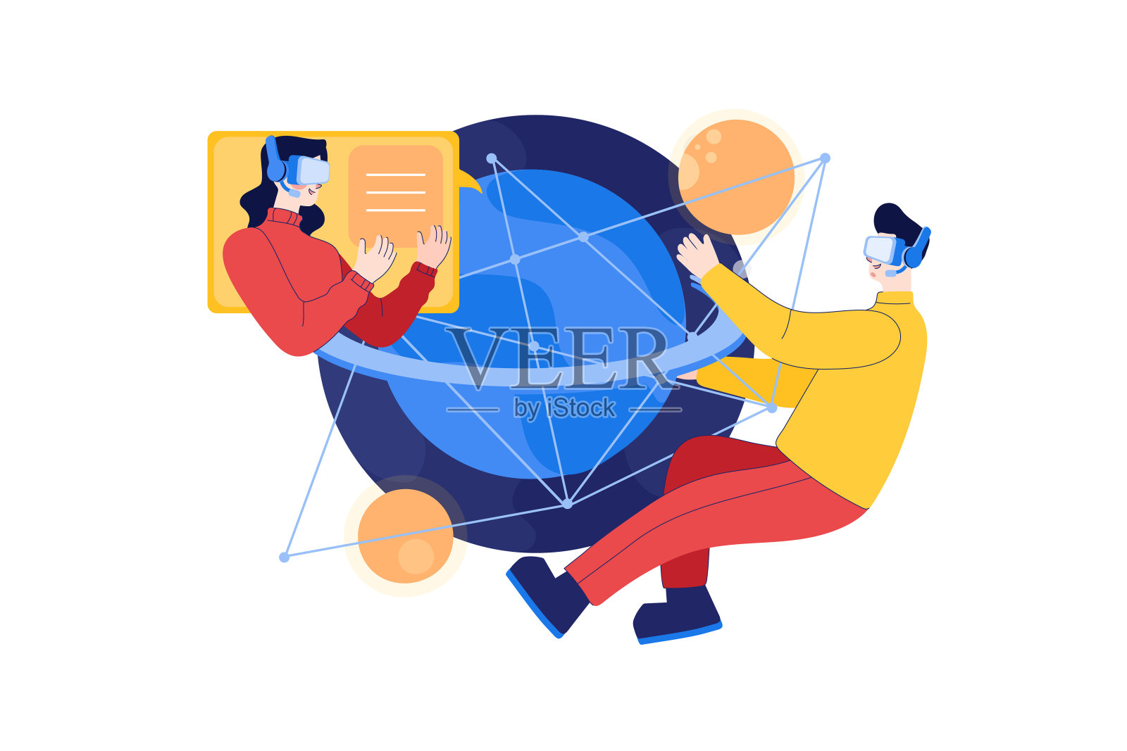 商人使用VR头盔与全球通信技术插画图片素材