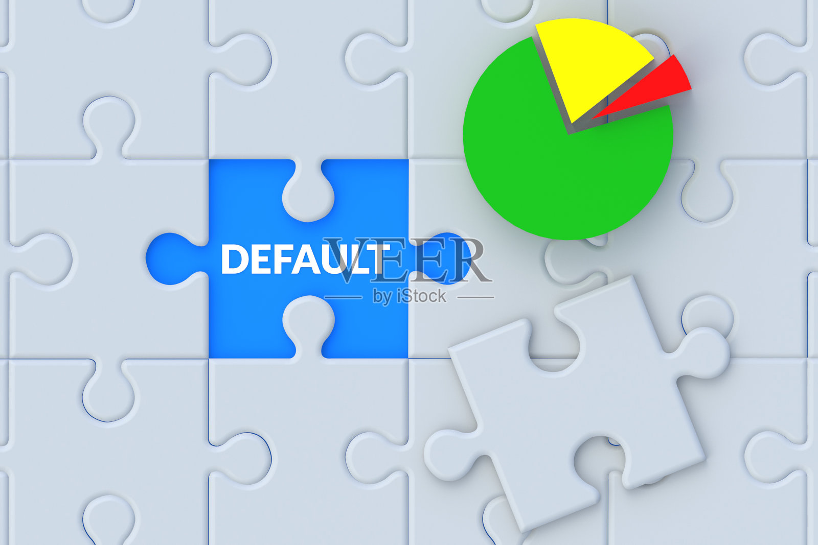 文字默认和拼图碎片拼图附近的饼图。金融危机。债务违约。银行部门破产。经济问题。通货膨胀,货币贬值。前视图。三维渲染照片摄影图片