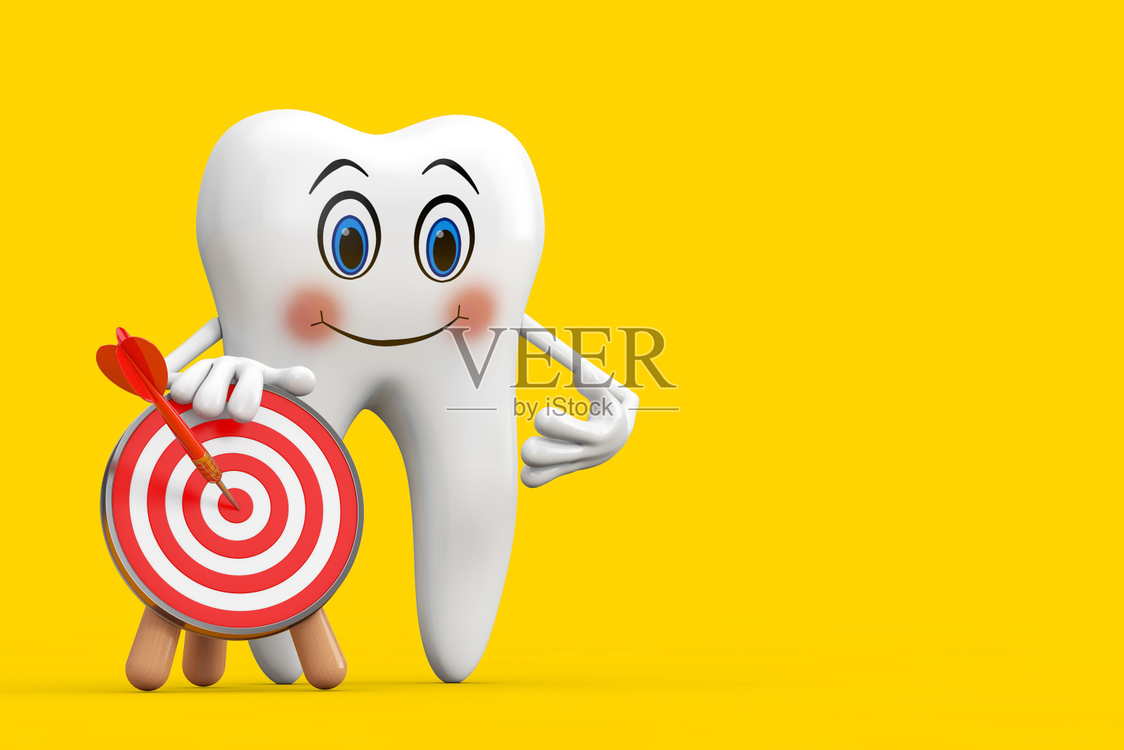 白色牙齿人物角色吉祥物与射箭目标和镖在中心。3d渲染照片摄影图片