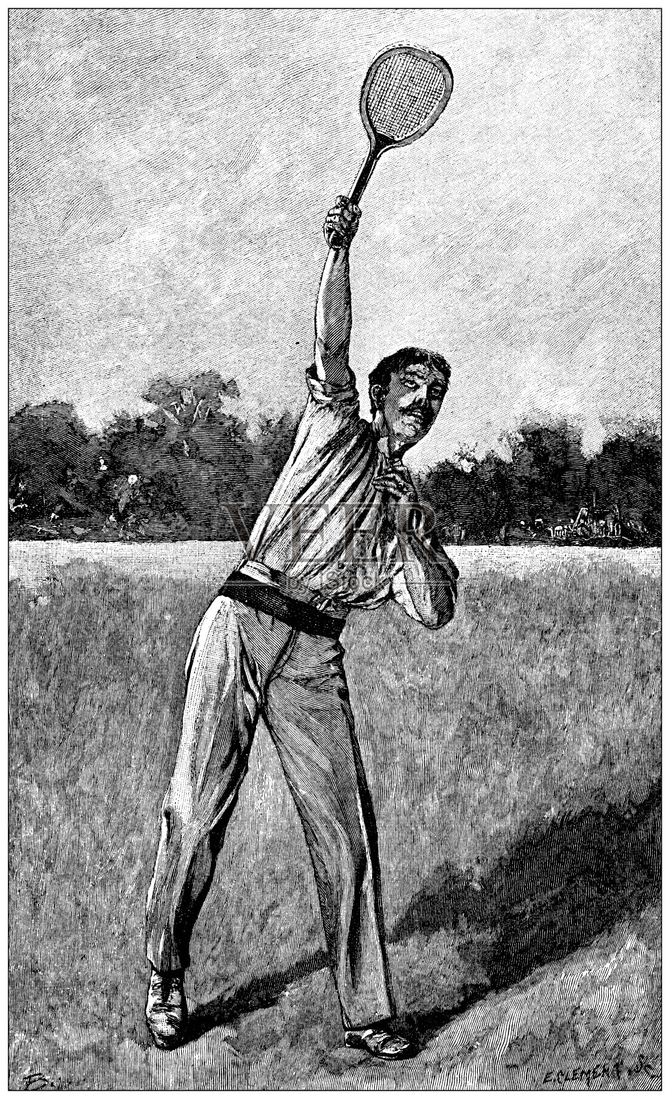 古董运动插画:网球运动员插画图片素材