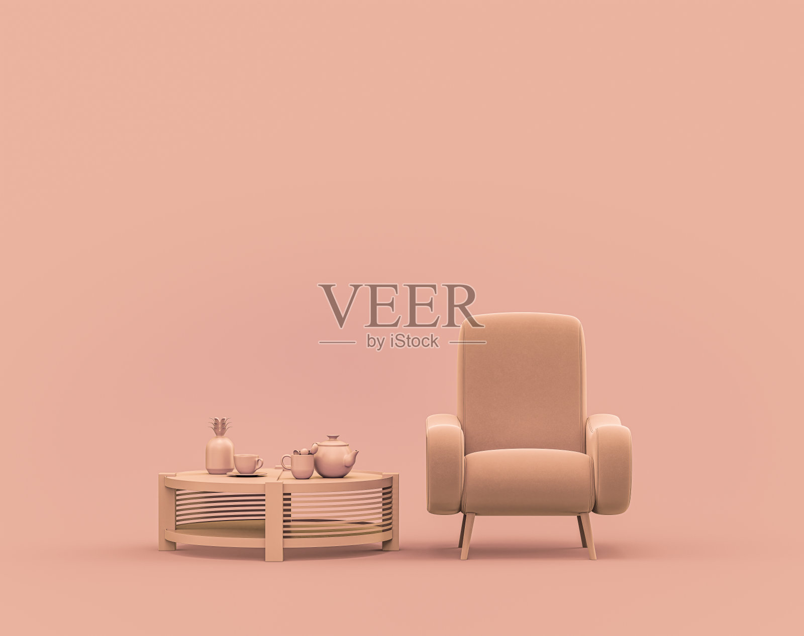 单色橘色室内的单人扶手椅和咖啡桌，空墙3d渲染照片摄影图片
